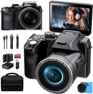 64MP Digital Camera for Photography and Video, 4K Vlogging Camera for YouTube with 3’’ Flip Screen,16X Digital Zoom, WiFi& Autofocus,Cameras Strap&Tripod,2 Batteries, 32GB TF Card(S200，Black)