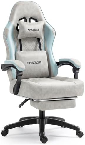 Darkecho Gaming Chair Fabric with Pocket Spring Cushion,Massage Office Chair with Footrest and Linkage Armrests,Ergonomic Adjustable Desk Computer Chair with Headrest and Lumbar Support Grey/Blue