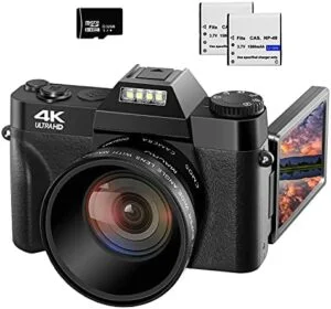 VETEK 4K Digital Cameras for Photography 48MP Vlogging Camera 16X Digital Zoom Manual Focus Rechargeable Students Compact Camera with 52mm Wide-Angle & Macro Lens, 32G TF Card and 2 Batteries W01