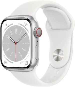 Apple Watch Series 8, GPS + Cellular, 41mm, Silver Aluminum Case, White Sport Band, M/L (Renewed)