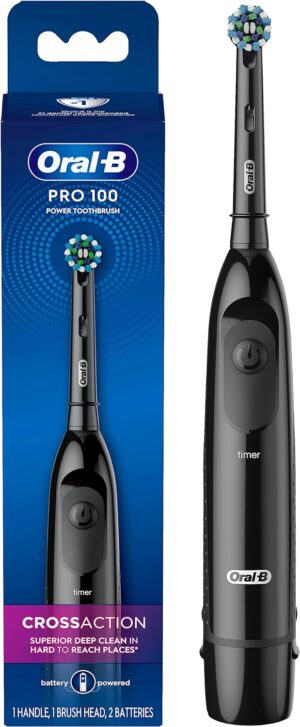 The Oral-B Pro 100 CrossAction is a battery-powered electric toothbrush that removes more plaque than a regular manual toothbrush.