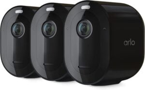 Secure your home with three Arlo Pro 4 Spotlight Cameras. 2K HDR video, color night vision, and wire-free installation for complete peace of mind.