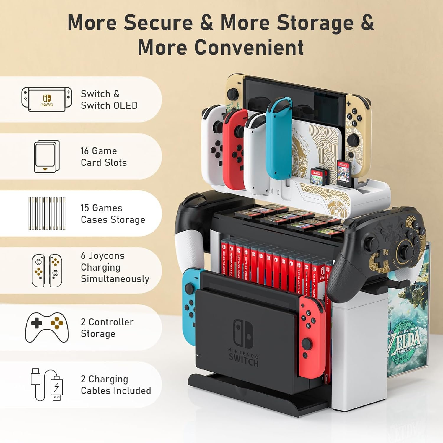 Switch Game Storage with Controller Charger for Nintendo Switch Oled the Legend Of Zelda Tears Of The Kingdom Edition ＆ Switch Model Joycon Switch Dock Charging Gaming Accessories Organizer Holder 1 vlyzon-electronics-store: Vlyzon - Your One-Stop Shop for Electronics | Computers, Phones, Gaming, Cameras & More