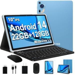 2024 Newest Android 14 Tablet 10 inch Octa-Core Tablets with 22GB RAM+128GB ROM(Expand to 1TB),8000mAh Large Battery,1280x800 IPS HD Touch Screen,Support Widevine L1,Keyboard & Mouse Included-Blue