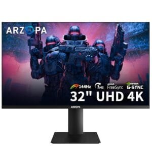 ARZOPA 32” 4K UHD (3840x2160) Gaming Monitor 144HZ IPS Screen, Height Adjustable Stand, VESA Mountable, Support AMD Freesync & NVIDIA G-Sync, DP 1.4, HDMI 2.1 -M3RC