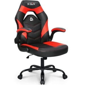 N-GEN Video Gaming Computer Chair Ergonomic Office Chair Desk Chair with Lumbar Support Flip Up Arms Adjustable Height Swivel PU Leather Executive with Wheels for Adults Women Men (Red)